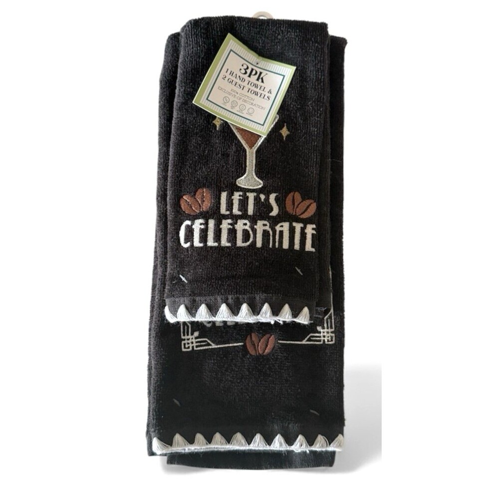 Let's Celebrate Fingertip Towels Hand Towel Set of 3 Black Martini Embroidered